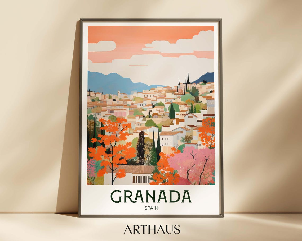 Granada Spain Autumn Hillside Cityscape Warm Retro Travel Poster