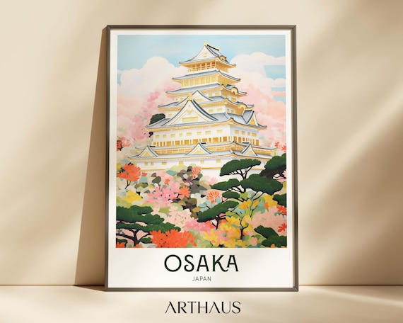 Osaka Japan White Castle Cherry Blossom Colorful Travel Poster