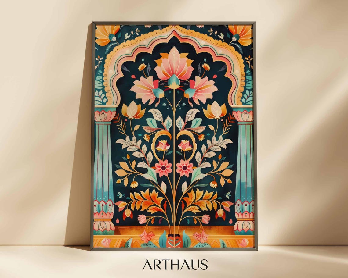 Jaipur Floral Arch Lotus Teal Gold Indian Folk Architecture Poster