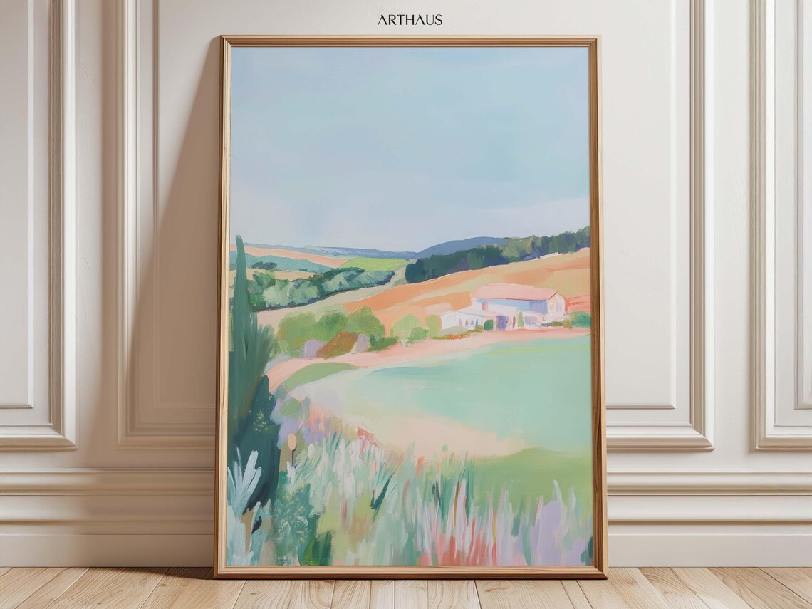 French Countryside Farmhouse Rolling Hills Pastel Art Poster