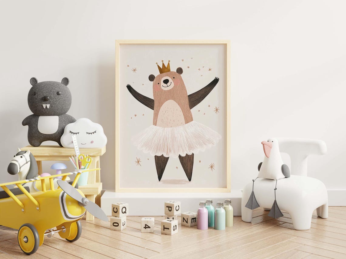 Ballerina Bear Wearing Tutu and Crown Nursery Dance Wall Art - Image 2