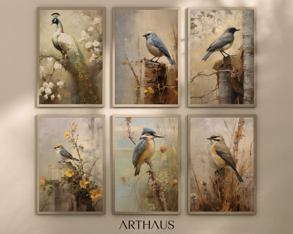 Set of Six Vintage Bird Oil Paintings Rustic Farmhouse Wall Art - Image 3
