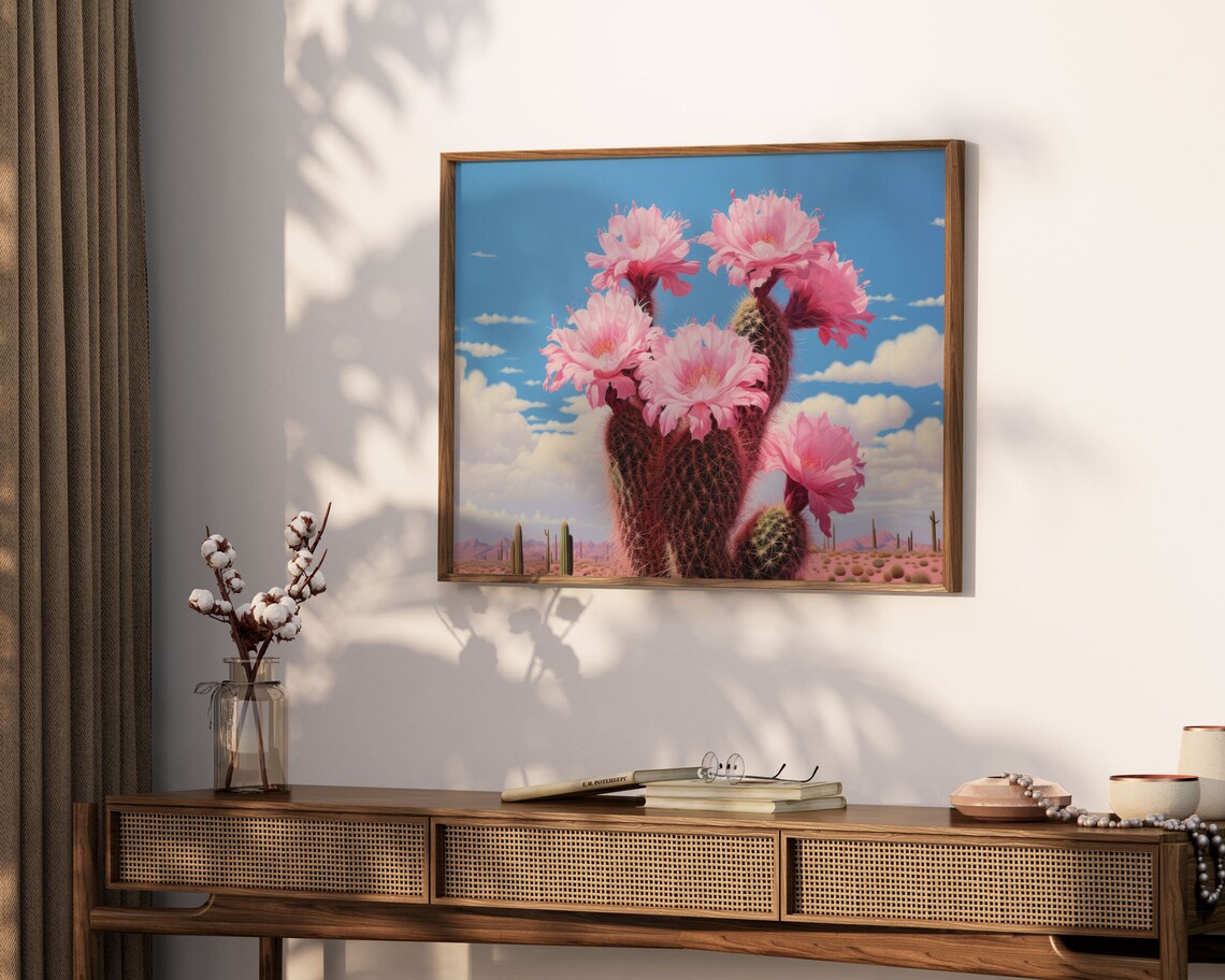 Pink Blooming Cactus Flower Desert Landscape Vintage Art Print - Image 2