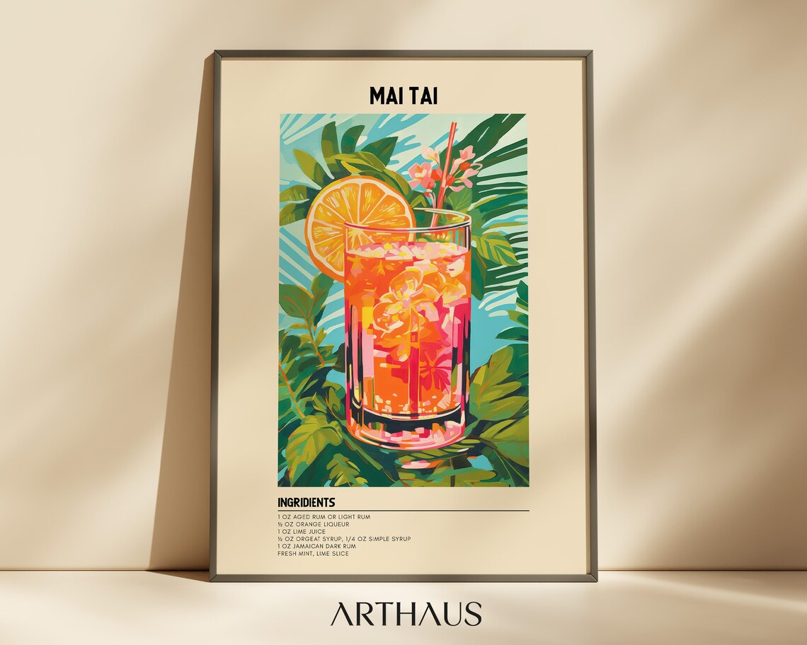 Mai Tai Cocktail Print, Tropical Retro Bar Decor