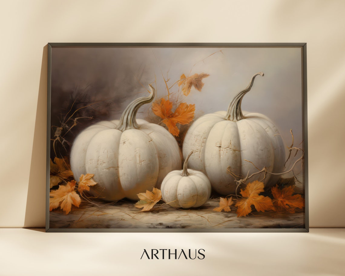 White Pumpkin Still Life Autumn Leaves Rustic Fall Art Poster