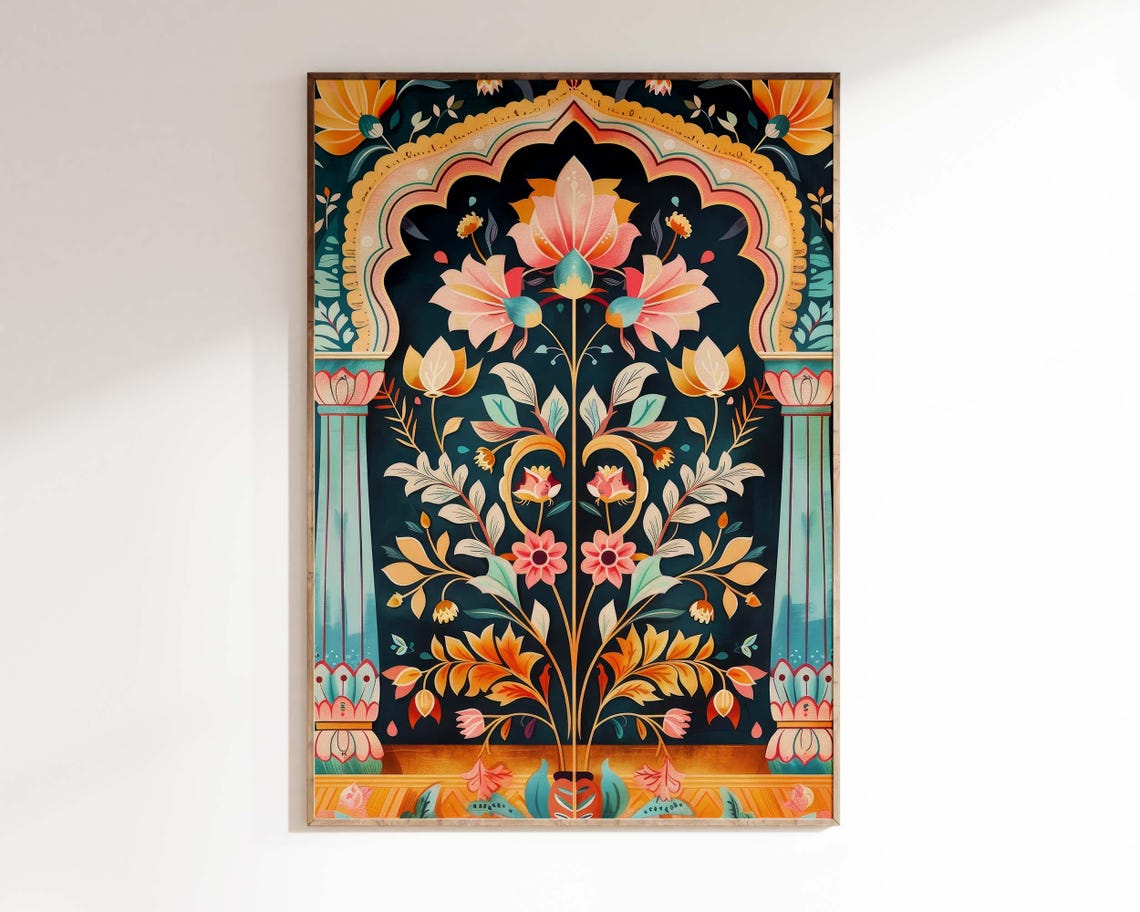 Jaipur Floral Arch Lotus Teal Gold Indian Folk Architecture Poster - Image 2
