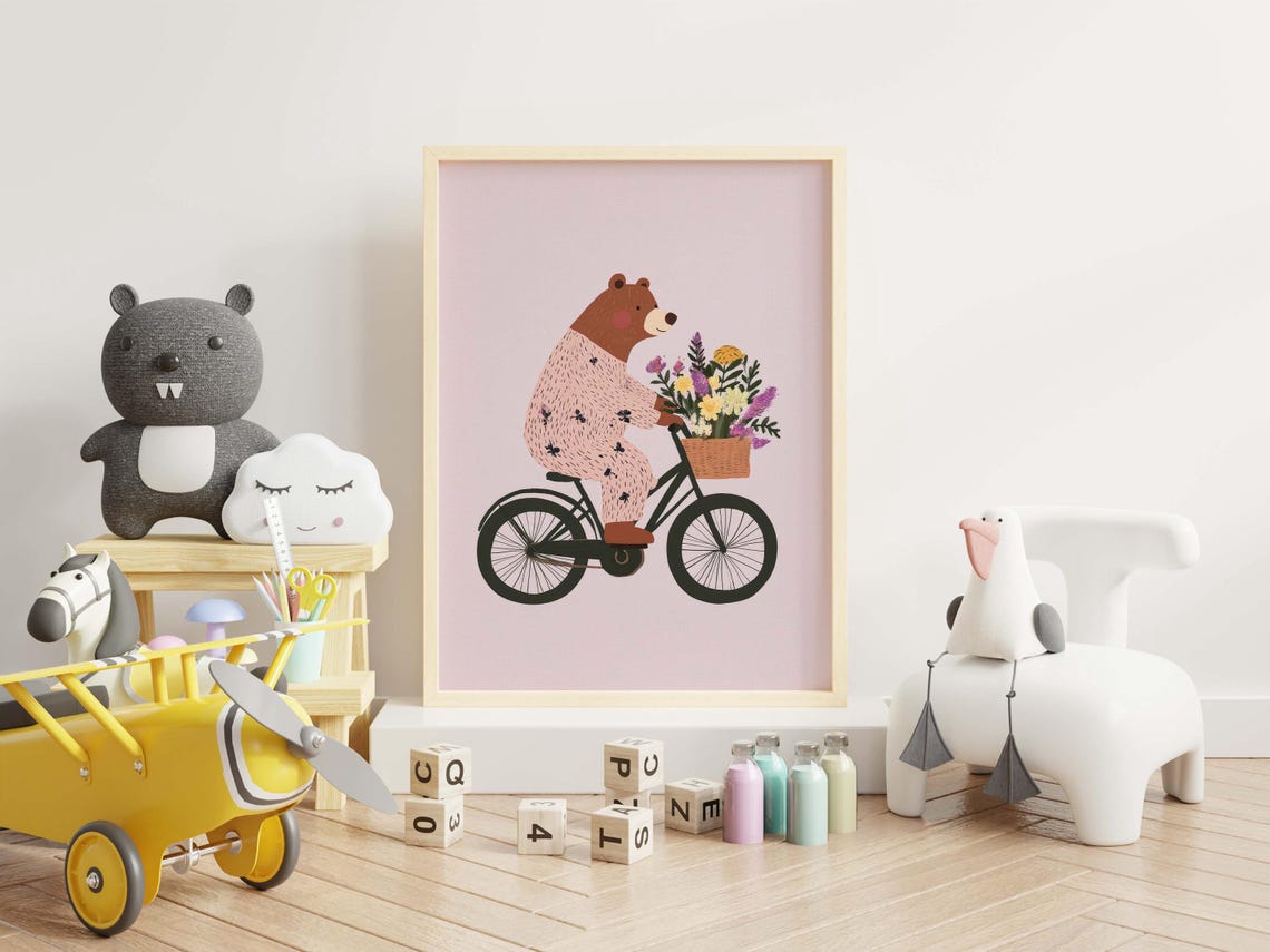 Cute Bear Riding Bicycle With Flower Basket Pink Nursery Print - Image 3