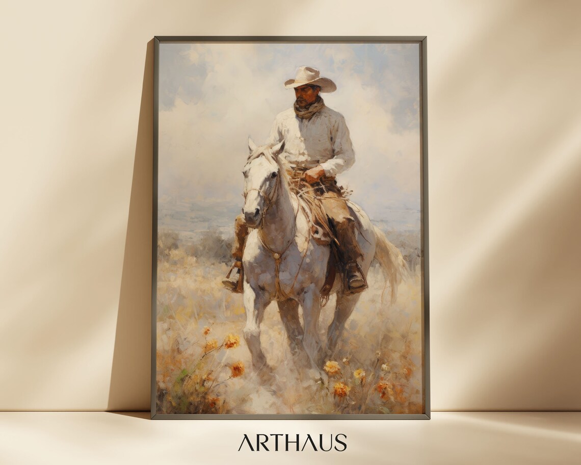 Cowboy on White Horse Riding Through Wildflowers Western Art Poster