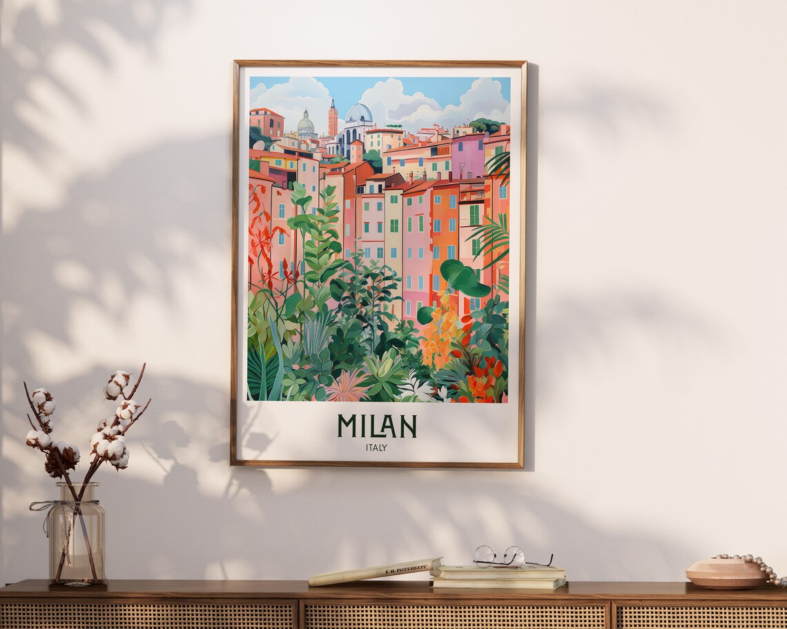 Milan Italy Colorful Old Town Houses Lush Greenery City Travel Poster - Image 3