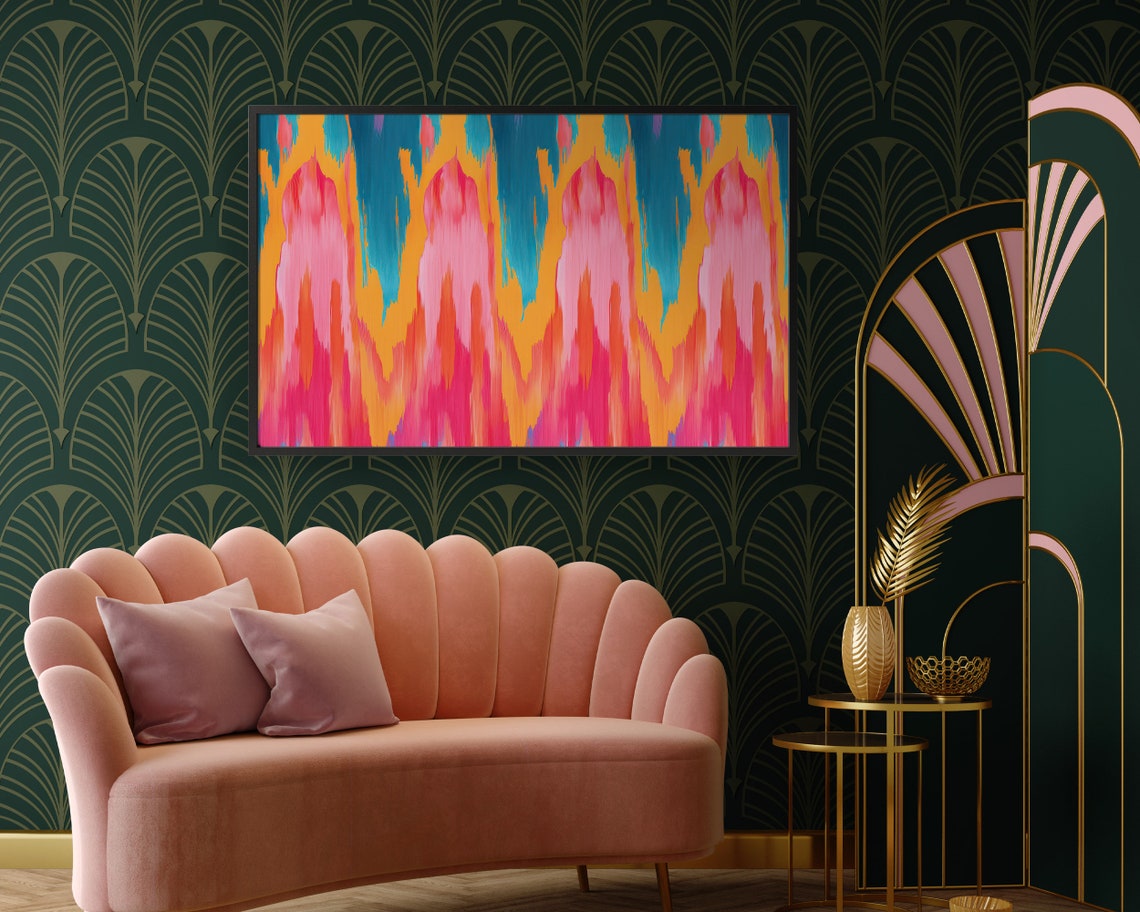 Sunset Flame Ikat Abstract In Pink Orange And Teal Art Print - Image 3