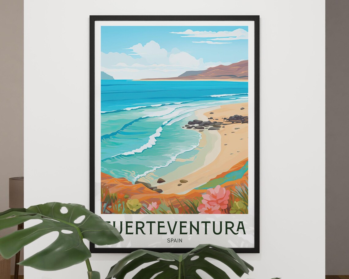 Fuerteventura Spain Turquoise Beach and Volcanic Hills Travel Poster - Image 2