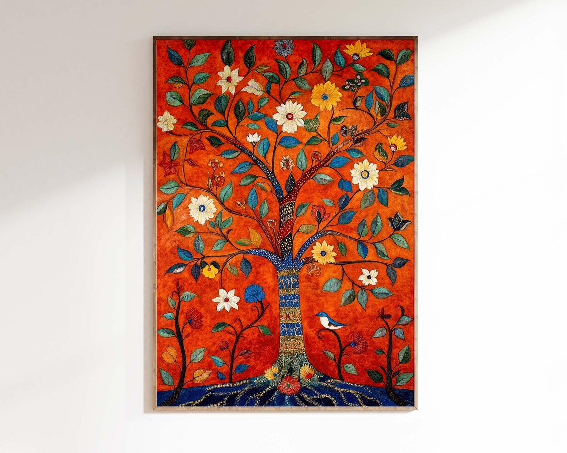 Traditional Indian Folk Red Floral Landscape Art Print - Image 3