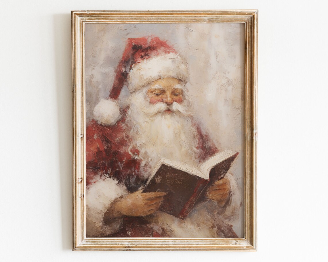 Vintage Santa Claus Reading Book Cozy Christmas Oil Painting Wall Art - Image 3