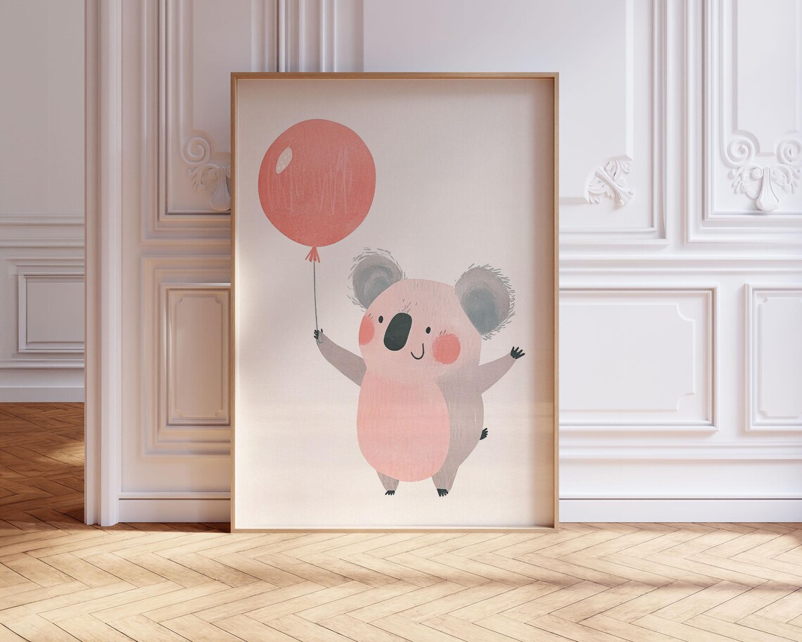 Nursery Koala Wall Art of Cute Animal Holding a Pink Balloon - Image 2