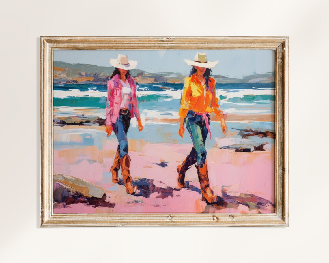Two Cowgirls In Cowboy Hats Strolling On A Pink Beach Poster - Image 3