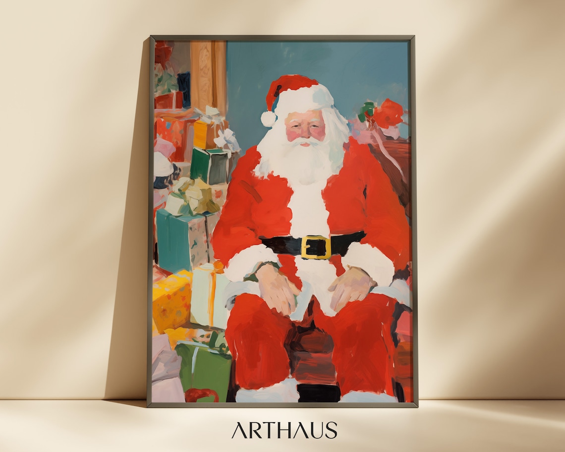 Santa Claus Sitting Among Christmas Gifts Jolly Holiday Painting Poster