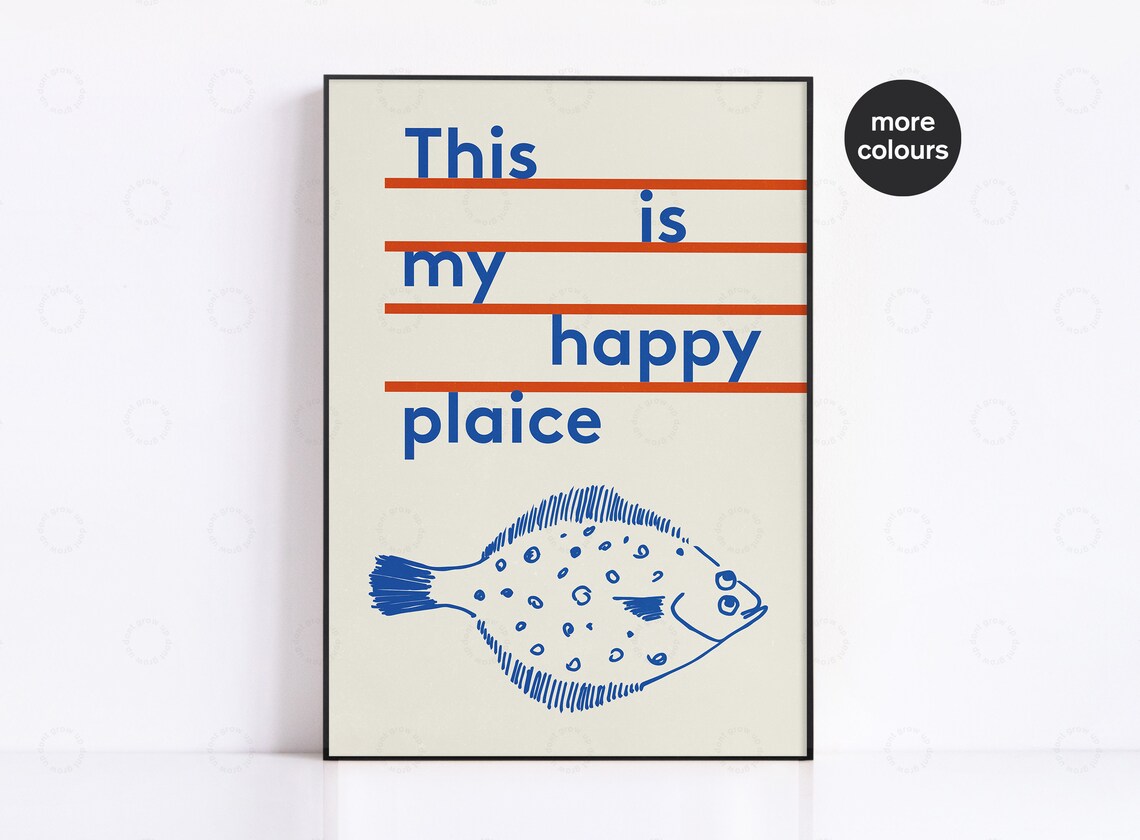 Happy Place Print Poster Wall Decor Fish Restaurant Art Cute Housewarming Gift Kitchen Prints Quote