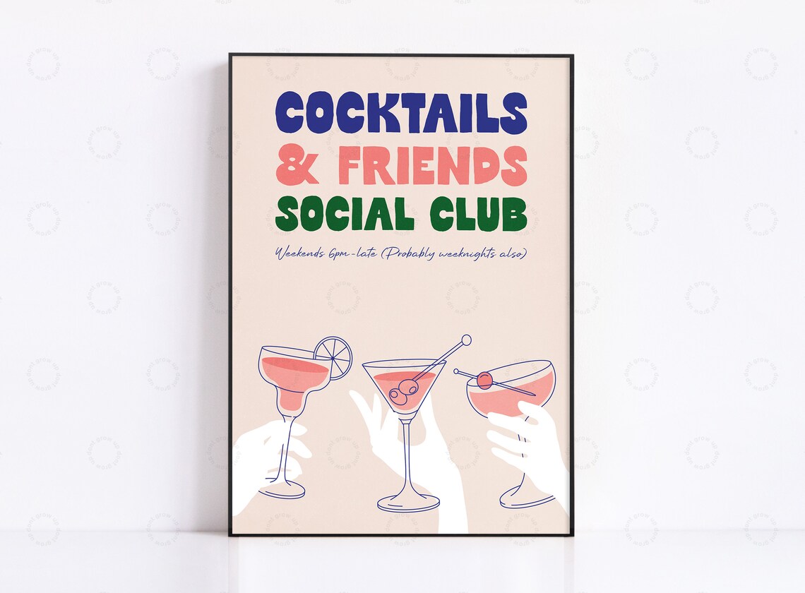 Kitchen Drink Poster, Hand-Drawn Cocktail Social Club