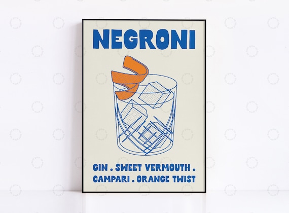 Negroni Italian Cocktail Recipe Orange Twist Retro Bar Cart Poster