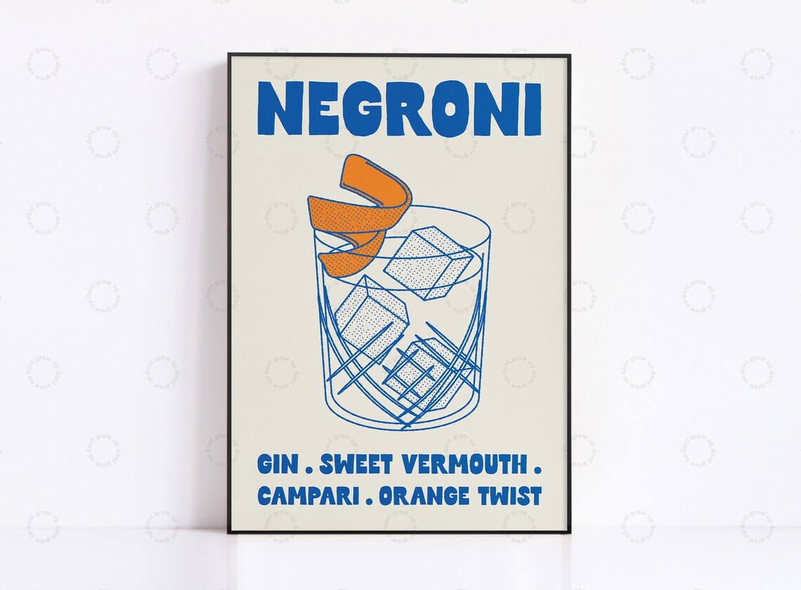 Negroni Italian Cocktail Recipe Orange Twist Retro Bar Cart Poster