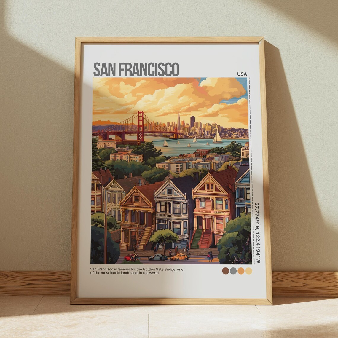 San Francisco Golden Gate Bridge Victorian Houses Travel Poster