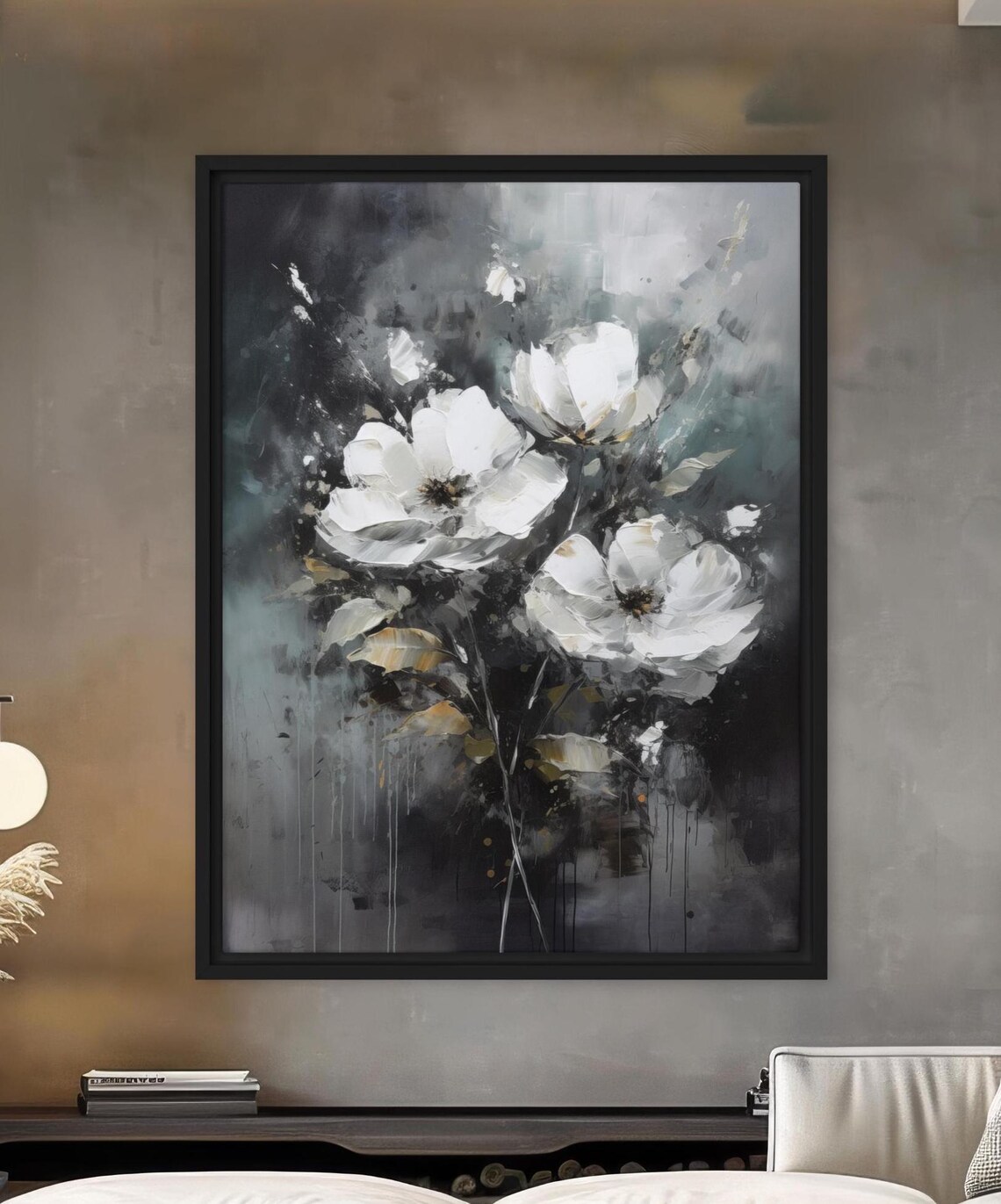 Elegant White Flowers Dark Background Framed Floral Painting Wall Art