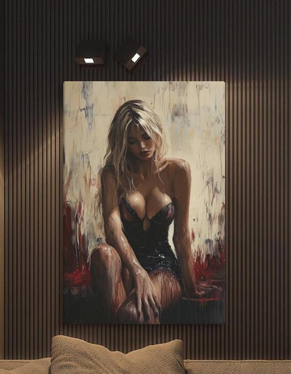 Blonde Woman Black Dress Moody Painted Portrait Dramatic Modern Art Print