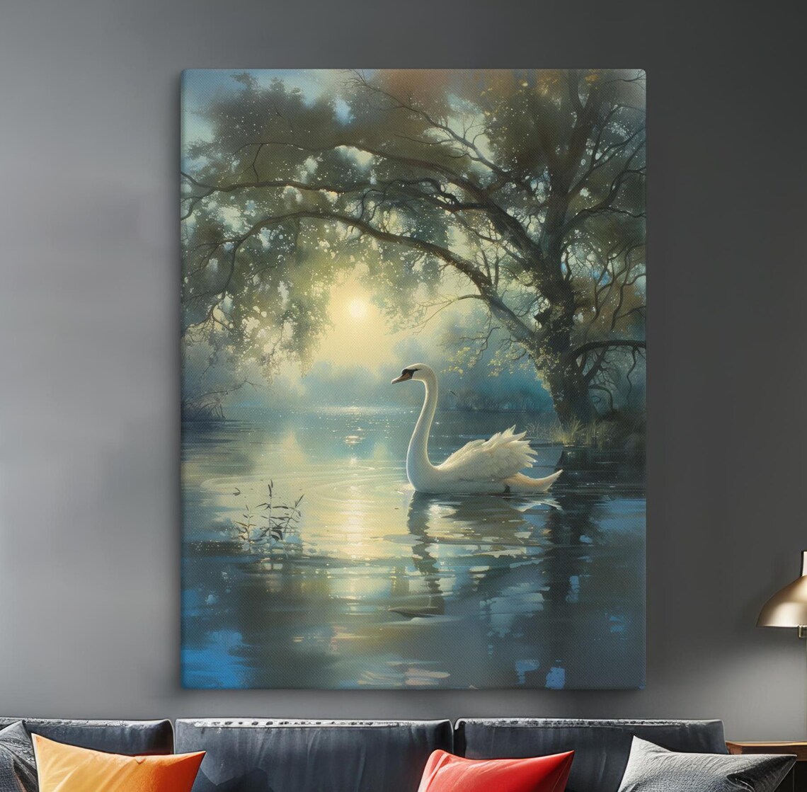 Elegant White Swan At Sunrise Golden Lake Reflection Nature Poster