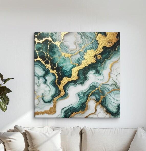 Emerald Green And Gold Marble Art Luxury Abstract Painting Textured Modern Wall Decor Ready To Hang Contemporary Home Decor