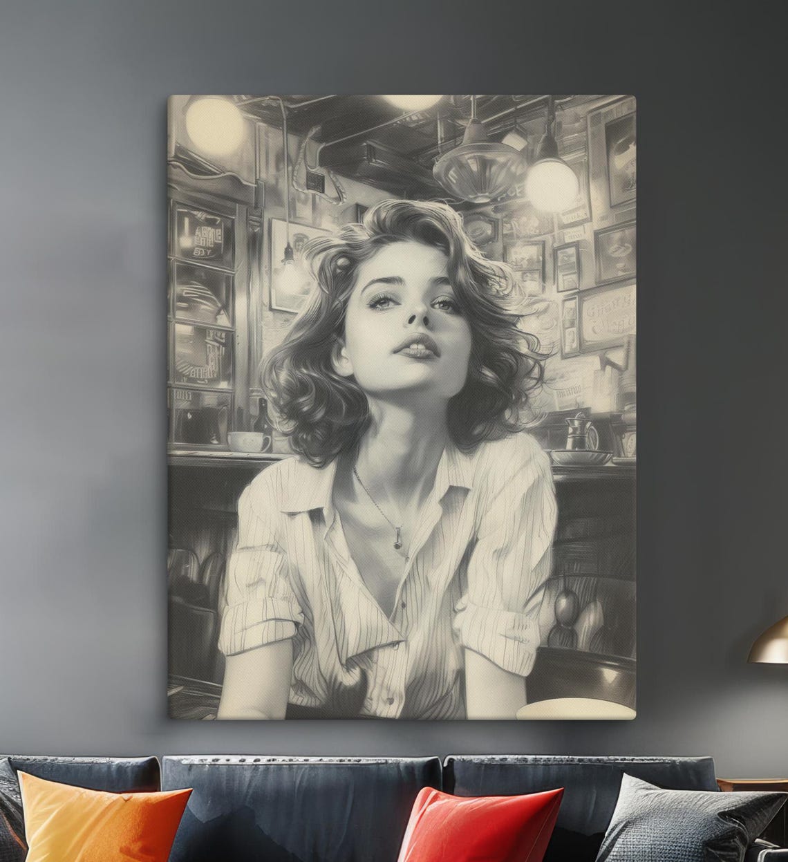 Vintage Cafe Woman Portrait Black and White Pencil Drawing Art Print