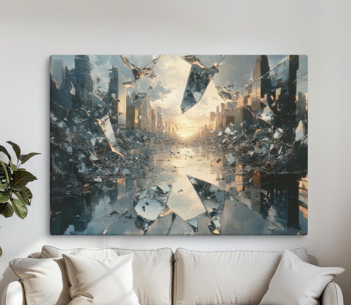 Shattered Mirror Cityscape Surreal Fragmented Urban Skyline Art Poster