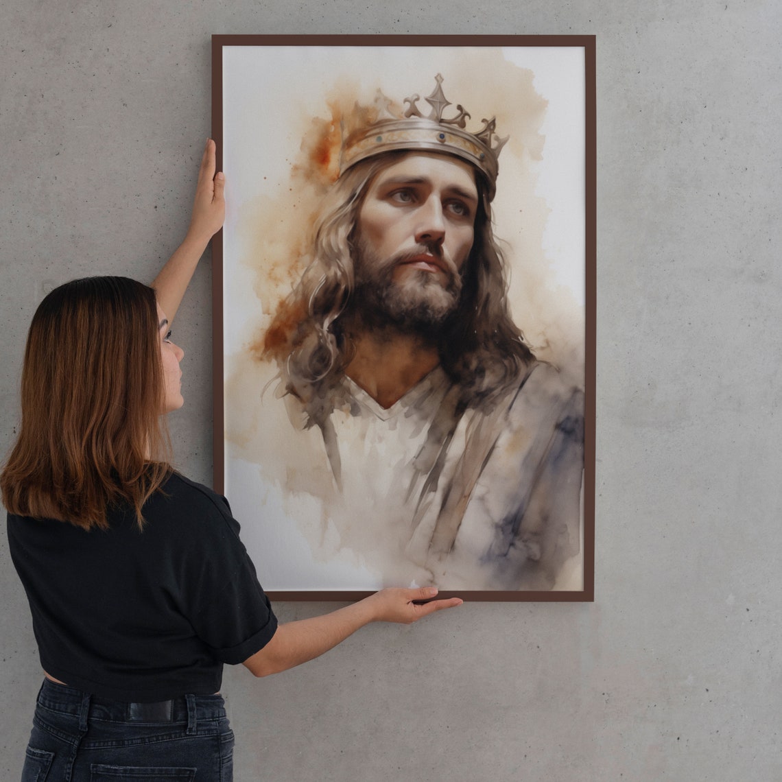 Jesus Christ Crowned King Royal Watercolor Portrait Art Poster - Image 2