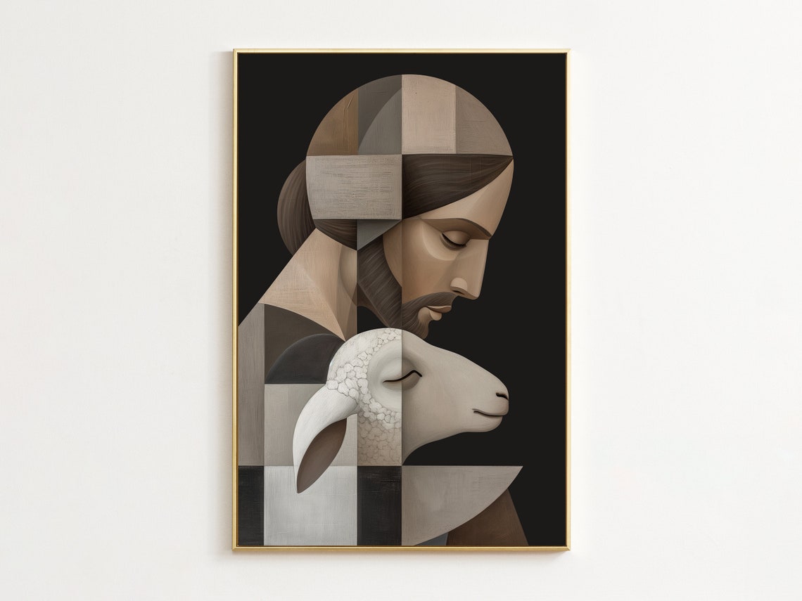 Jesus Christ Good Shepherd Abstract Cubist Lamb Faith Art Poster