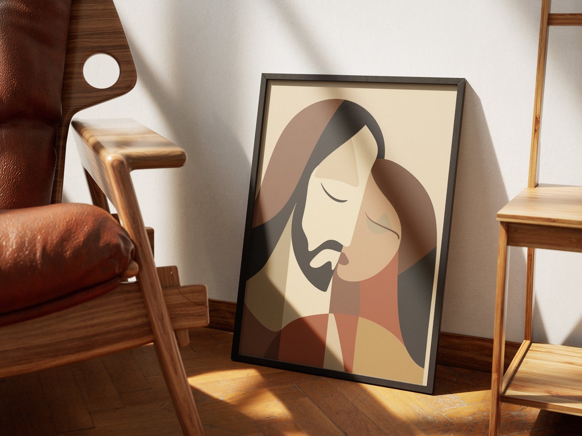 Jesus and Woman Abstract Boho Faces Painting Warm Faith Art Poster - Image 4