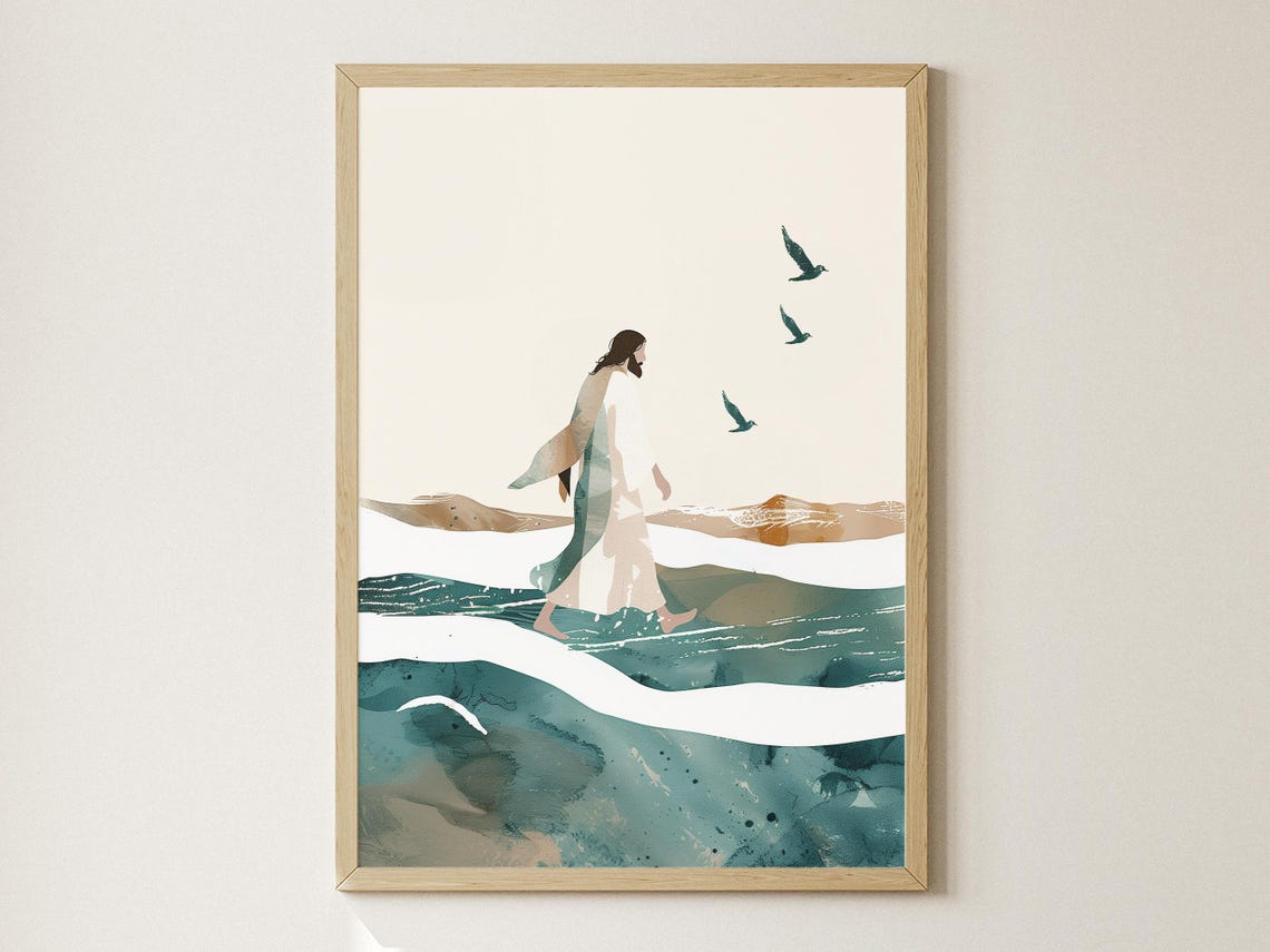 Minimalist Watercolor Jesus Walking on Waves Ocean Art Poster