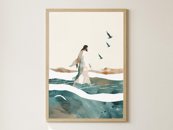 Minimalist Watercolor Jesus Walking on Waves Ocean Art Poster