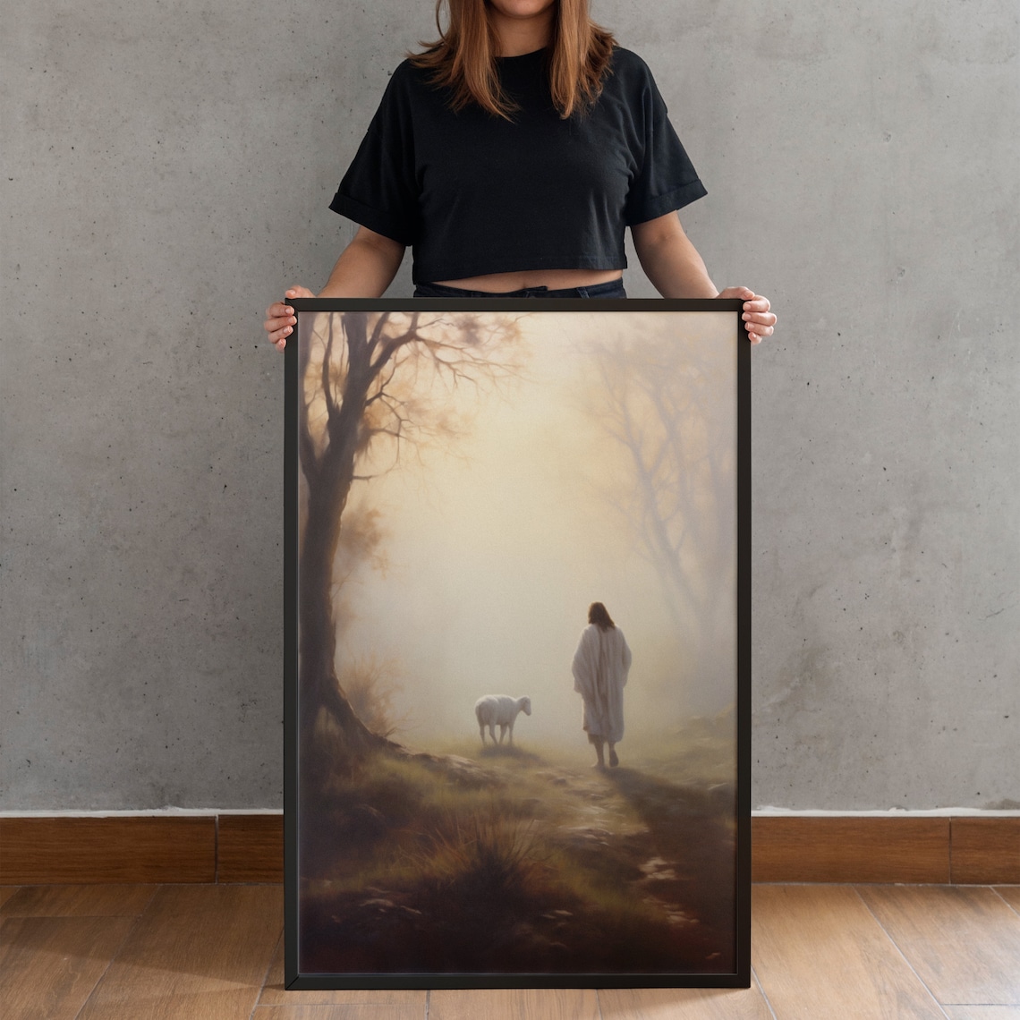 Jesus Christ Good Shepherd Misty Forest Path Lamb Painting Faith Poster - Image 4