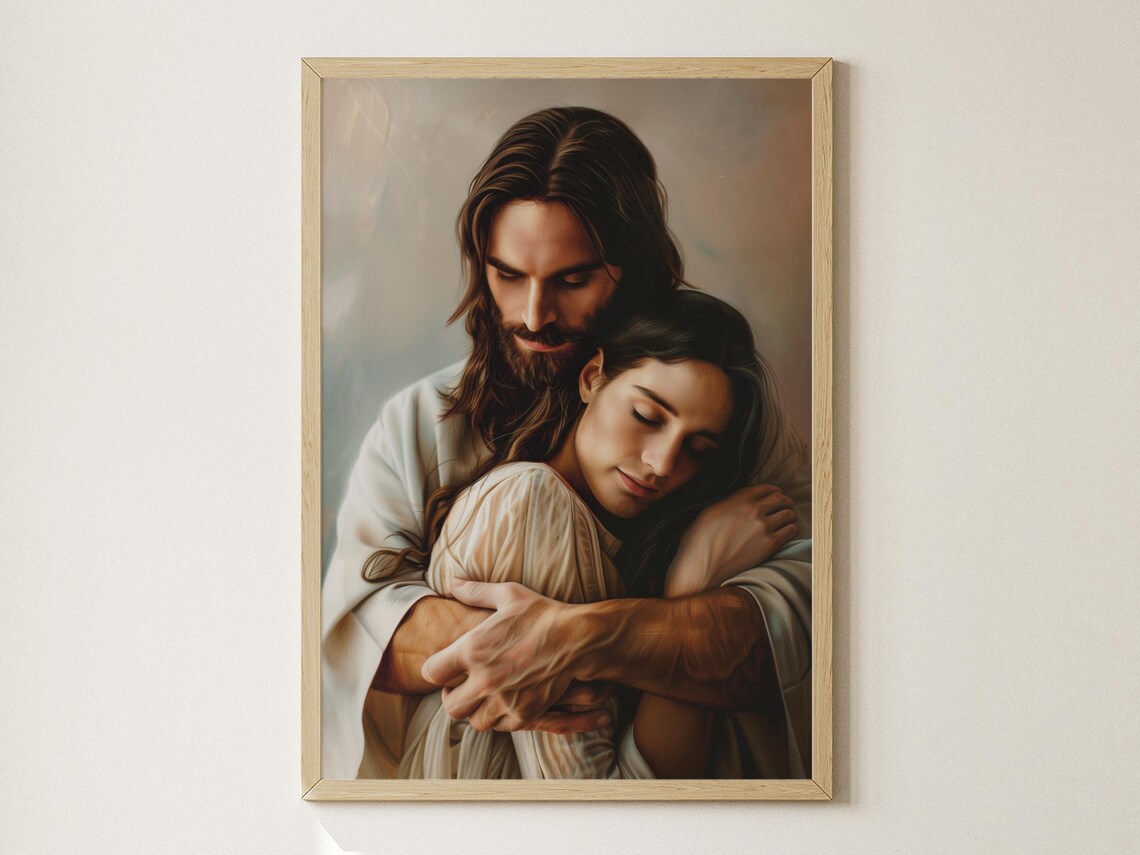 Jesus Christ Embracing Woman Resting Heart Painting Faith Gift Poster