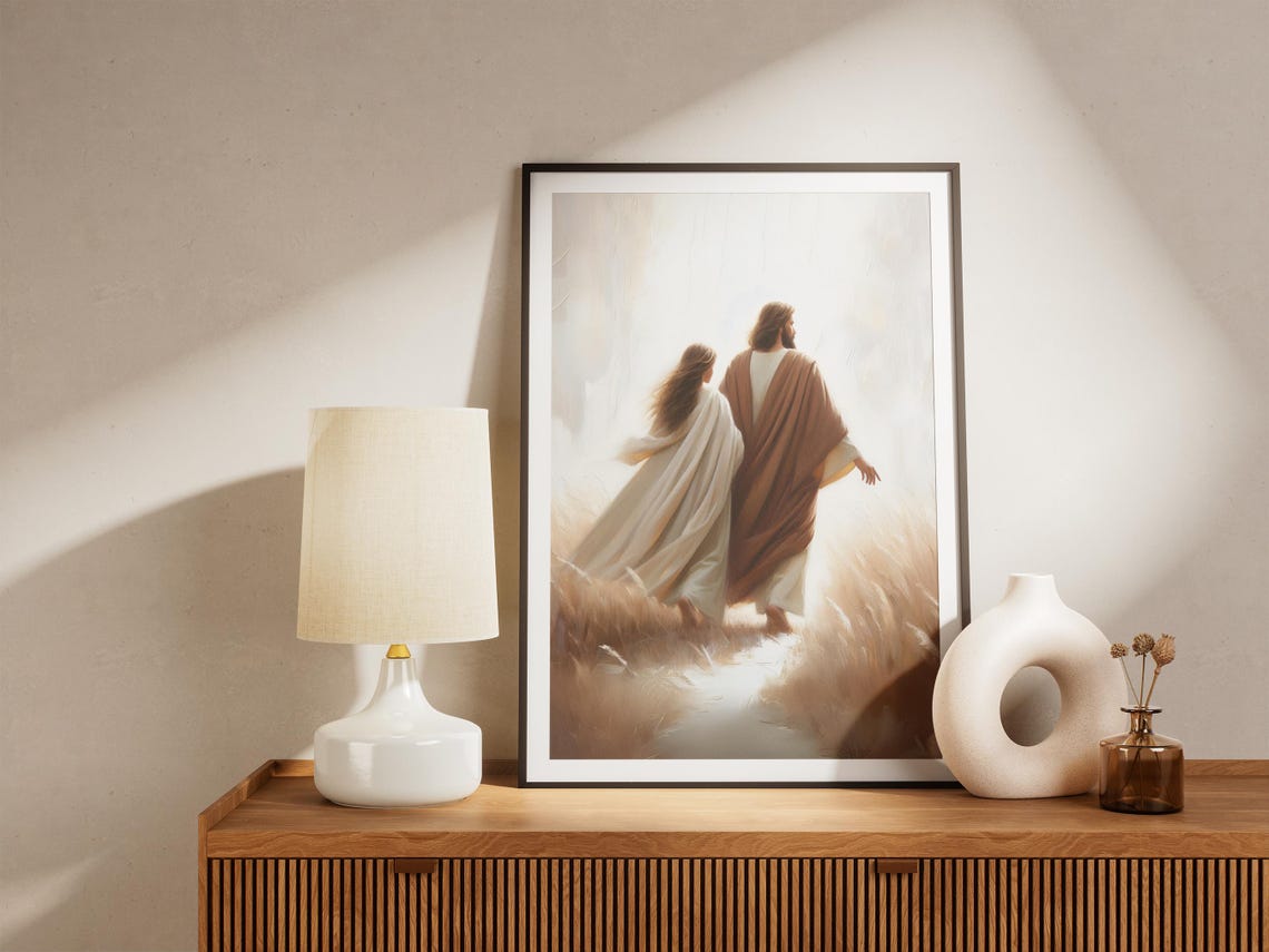 In His Shadow Jesus Walking With Woman Art Jesus And Girl Art Adult Baptism Gift Christian Wall Art Bible Verse Lds Painting - Image 4