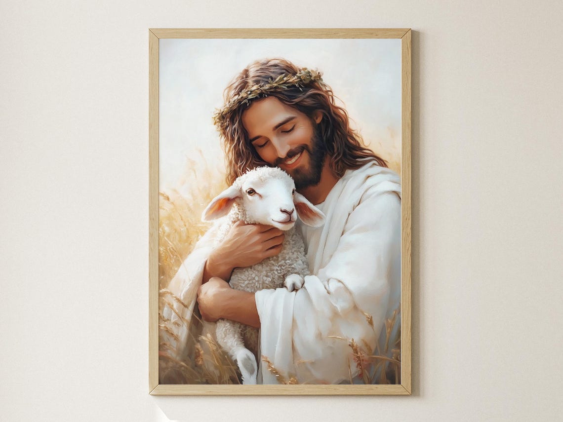 Jesus Christ Good Shepherd White Robes Lamb Wheat Field Art Poster