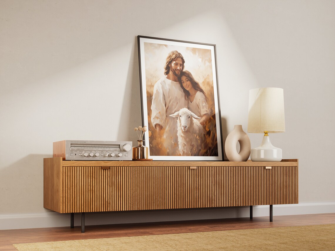 Jesus Christ and Woman Golden Field Lamb Painting Faith Gift Poster - Image 3