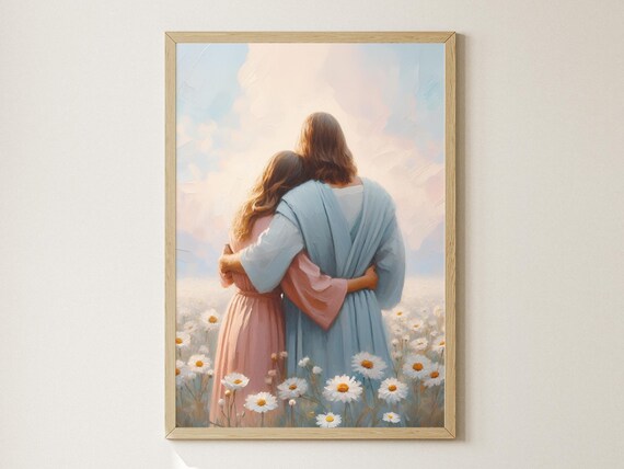 Jesus and Woman Daisy Field Pastel Embrace Painting Heavenly Art Poster