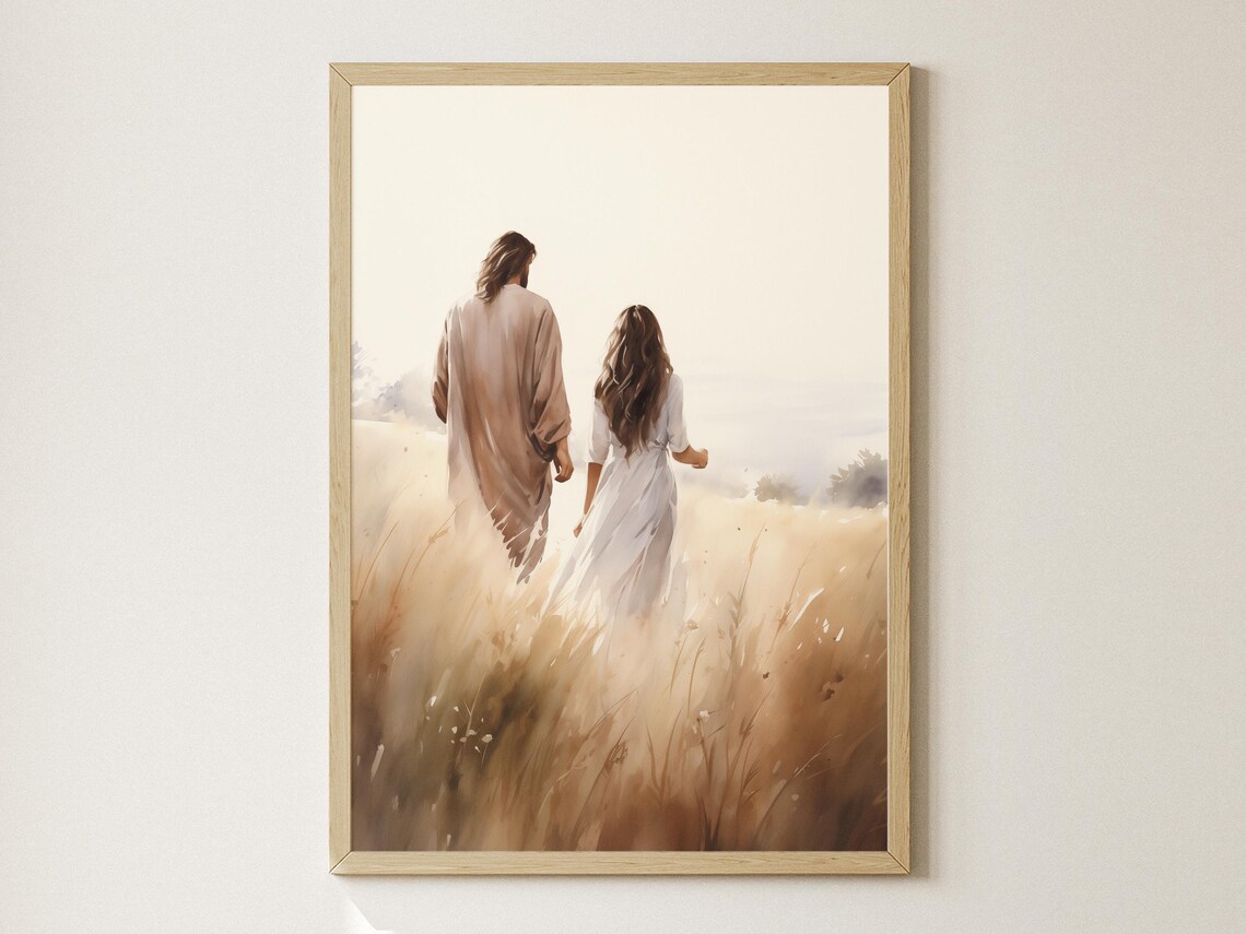 Jesus Walking With A Woman Christian Watercolor Art Print