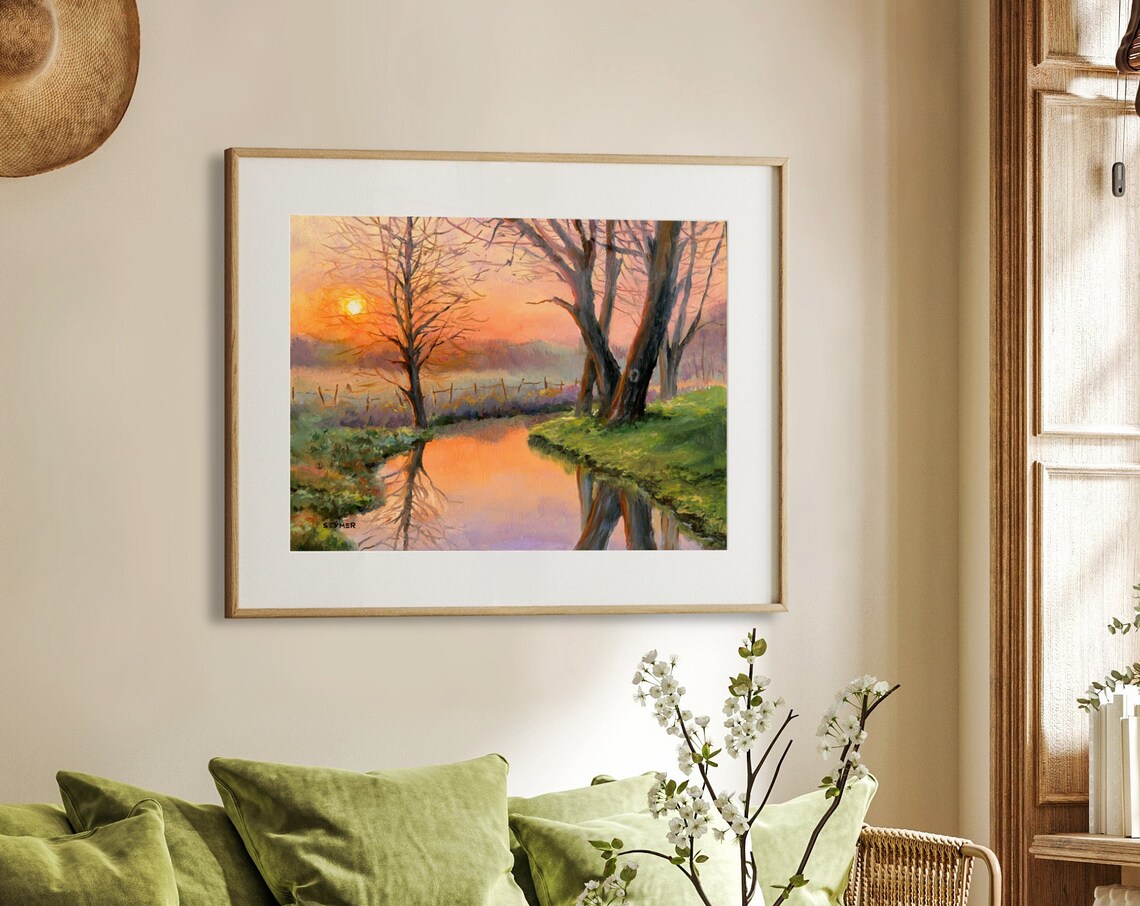 Sunset Landscape Art Print, Winter River Scene - Image 4