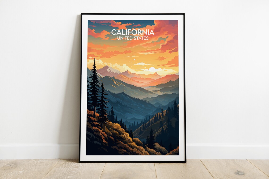 California United States Mountain Sunset Layers Retro Travel Poster