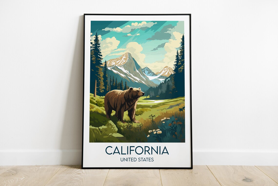 California United States Vintage Travel Illustration Brown Bear Poster