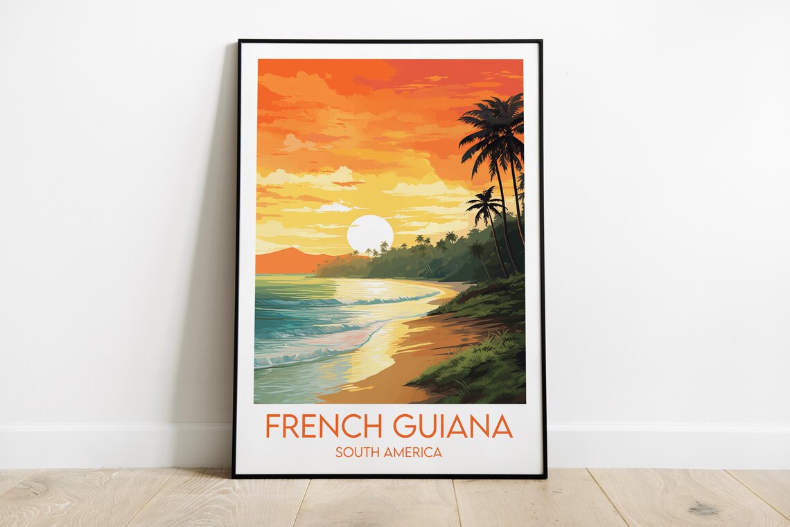 French Guiana South America Golden Sunset Palm Shore Travel Poster