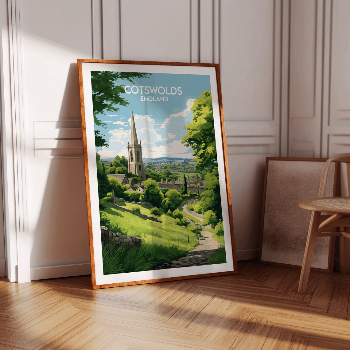 Cotswolds England Village Church Spire Green Hills Travel Poster - Image 2