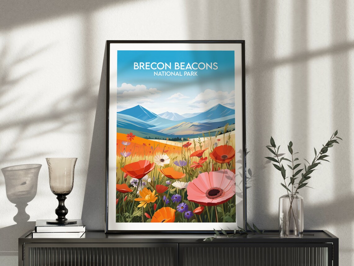 Brecon Beacons National Park Poppy Meadow Mountains Vintage Travel Poster - Image 3