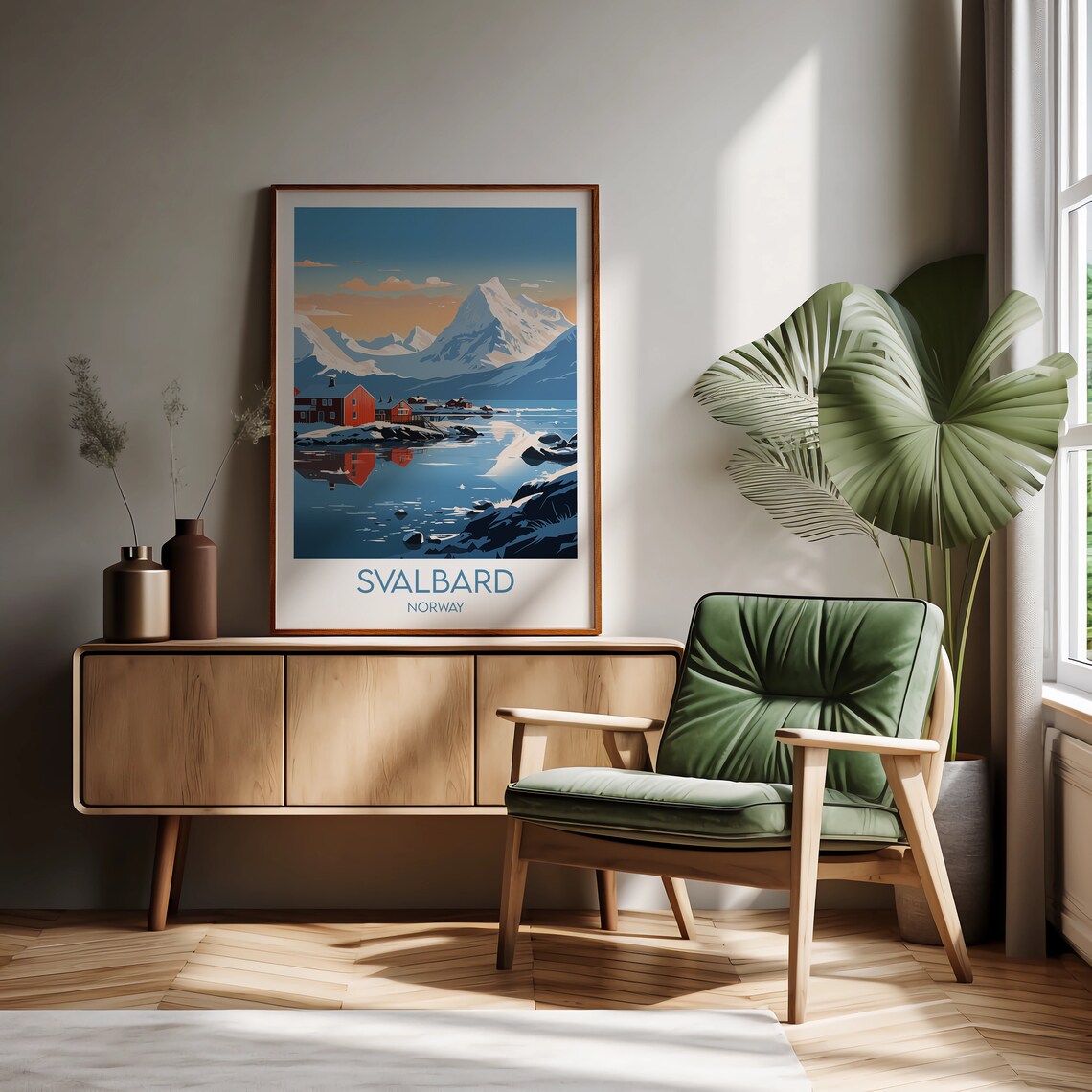 Svalbard Norway Arctic Red Cabins Fjord Vintage Travel Poster - Image 2